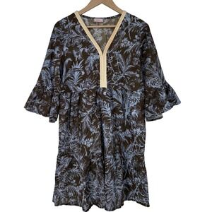 Saiph Italy Cotton Tiered Babydoll Mini Dress‎ Size L Brown Blue Tropical Floral